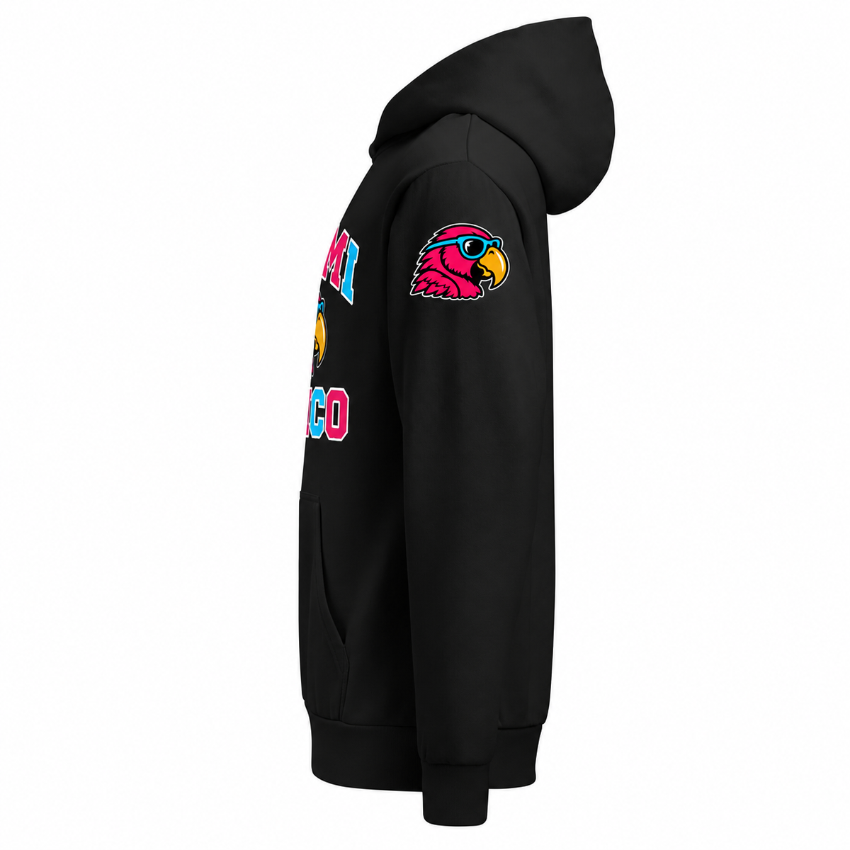 Miami Perico black heavyweight hoodie — left upper sleeve printed parrot
