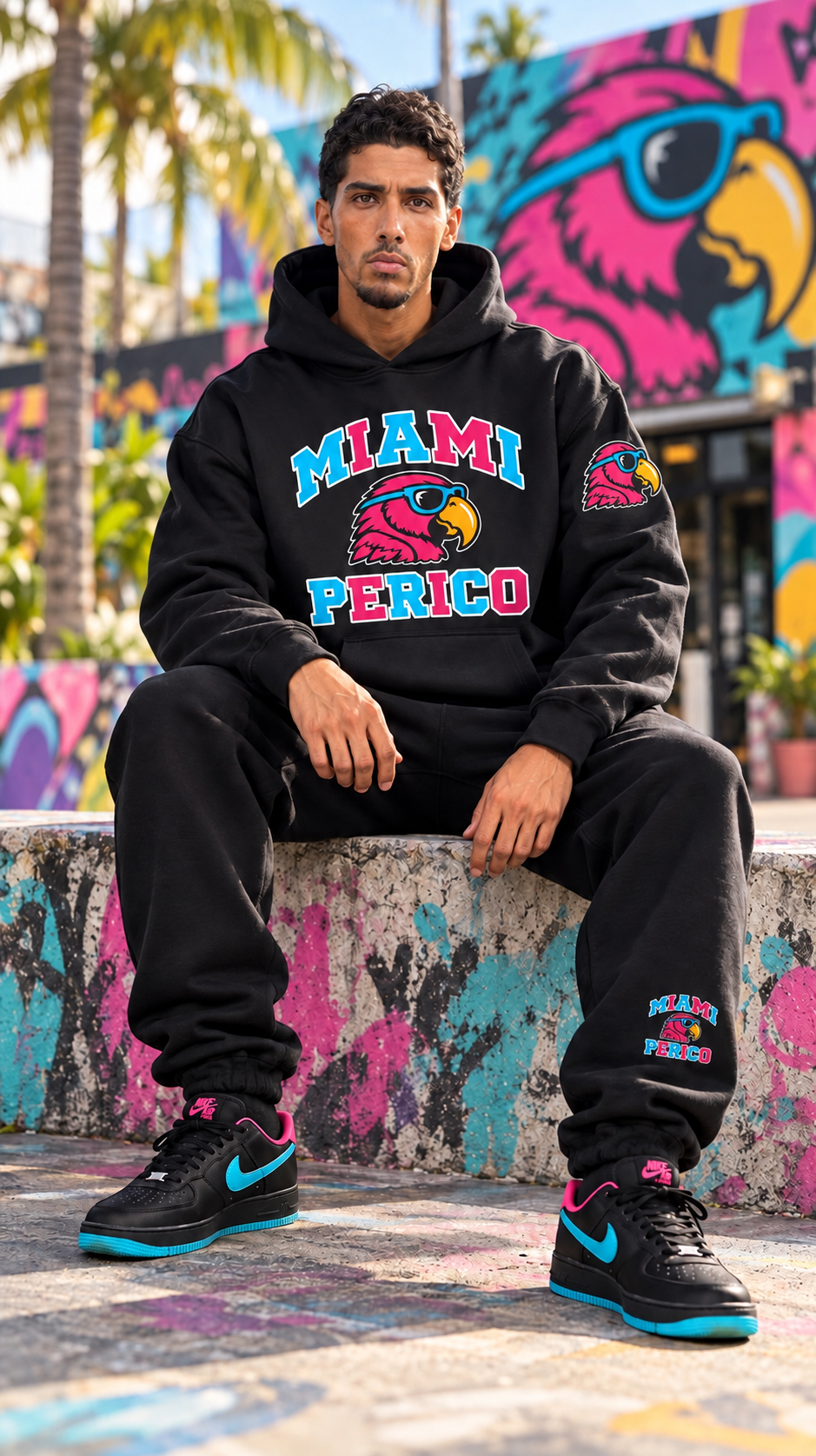 Miami Perico black hoodie styled on model — printed parrot on left upper sleeve