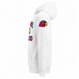 Miami Perico white heavyweight hoodie — left upper sleeve printed parrot