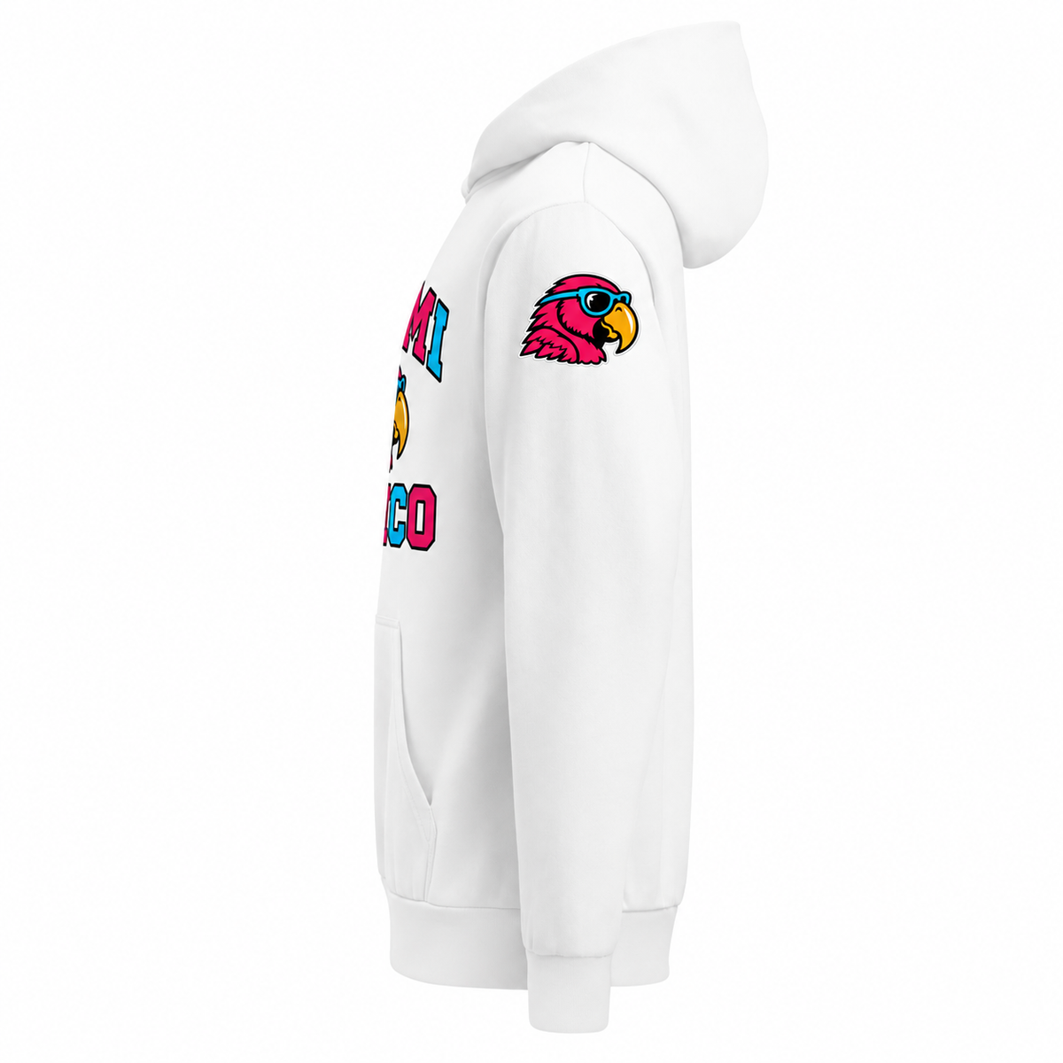 Miami Perico white heavyweight hoodie — left upper sleeve printed parrot