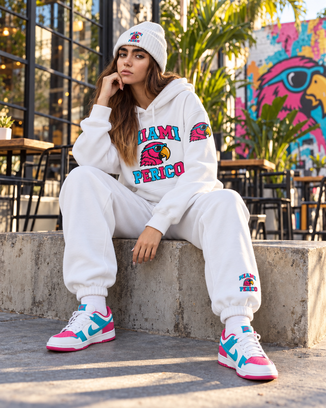 Miami Perico white hoodie styled on model — printed parrot on left upper sleeve