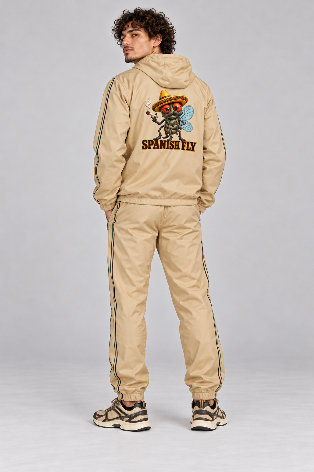 AI visualization: existing Spanish Fly beige tracksuit model showing full Pepito Spanish Fly back logo; back stripe removed; jacket and pants included, sneakers excluded