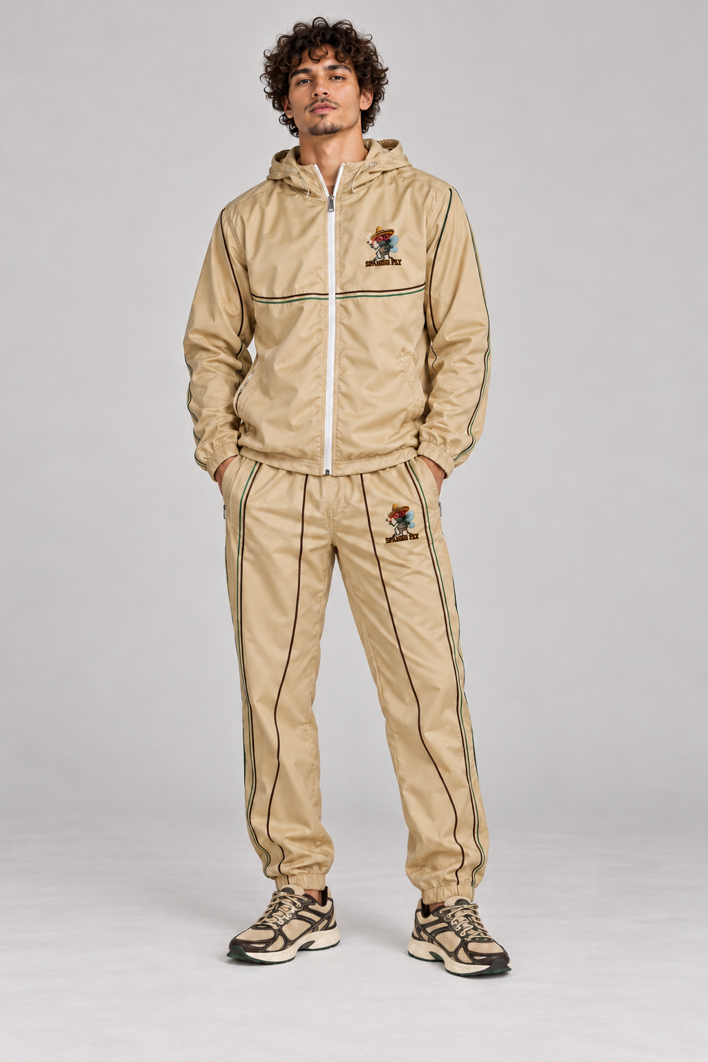 AI model visualization: Beige Spanish Fly complete jacket and pants set on model, dark brown and green lines; sneakers not included
