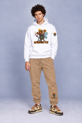 Burro Tan Spanish Fly sweatpants styled with white hoodie with fly-only Pepito left-sleeve print; items sold separately