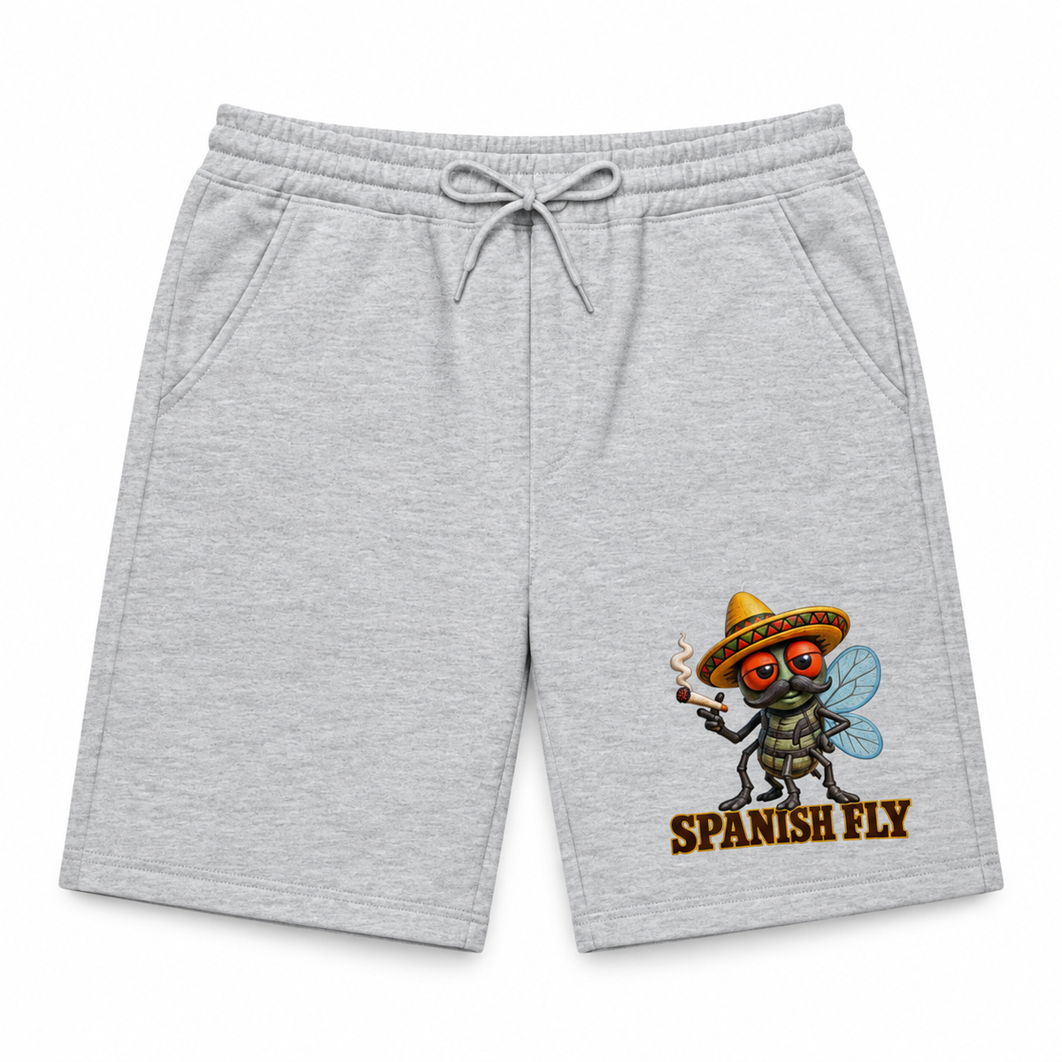 Spanish Fly gray fleece shorts only on white background