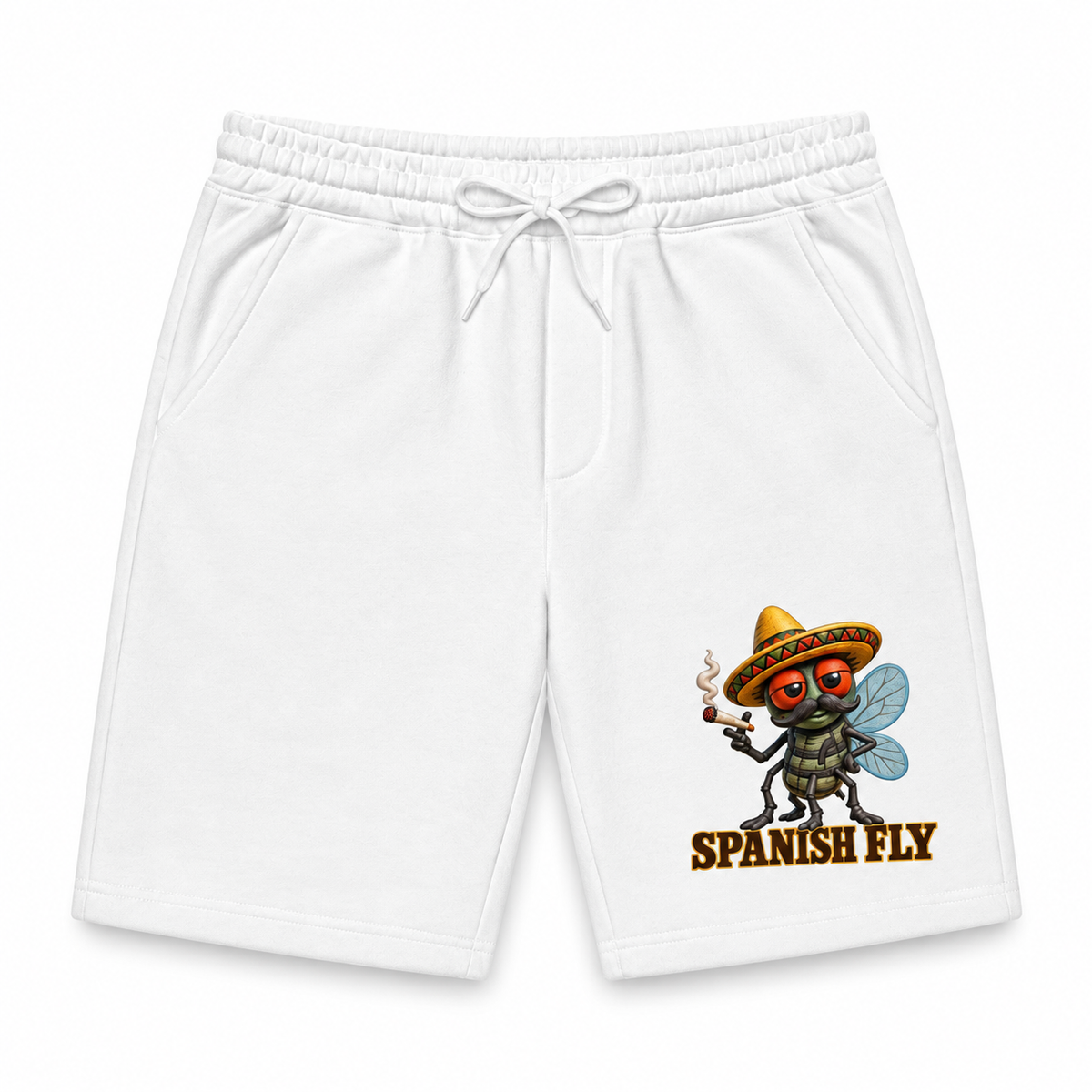 Spanish Fly white fleece shorts only on white background