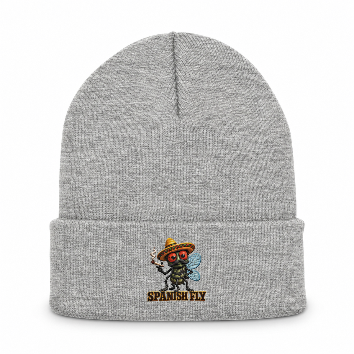 Spanish Fly Heather Grey embroidered beanie on plain white background