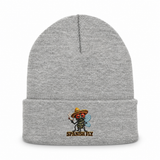 Spanish Fly Heather Grey embroidered beanie on plain white background