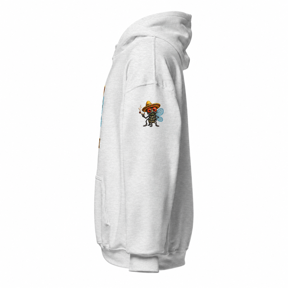 Spanish Fly hoodie Ash left-side view with fly-only Pepito sleeve print