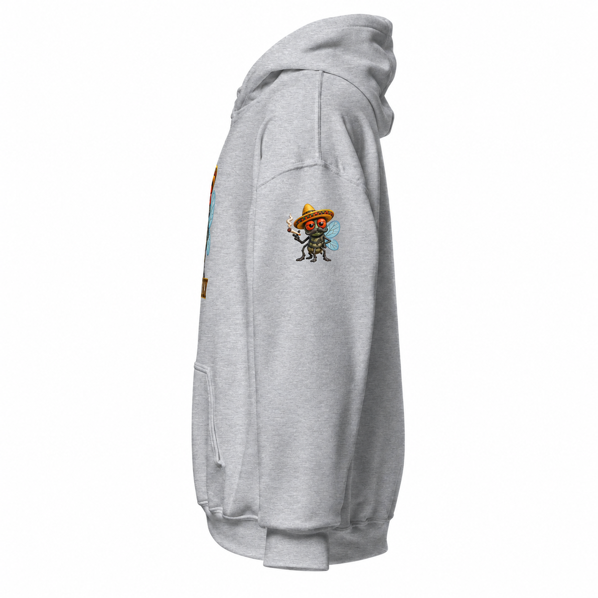 Spanish Fly hoodie Sport Grey left-side view with fly-only Pepito sleeve print