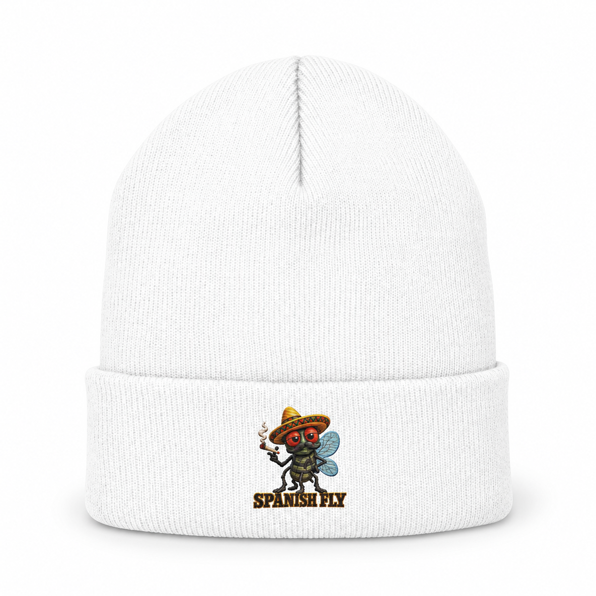 Spanish Fly White embroidered beanie on plain white background