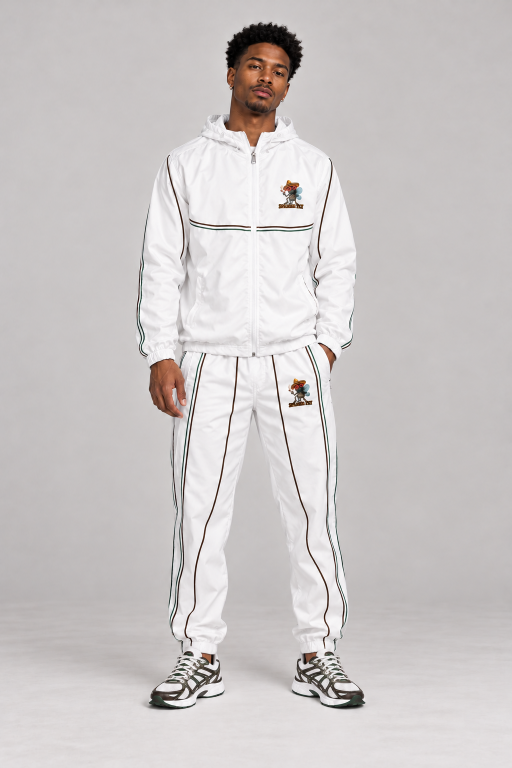 AI model visualization: White Spanish Fly complete jacket and pants set on model, dark brown and green lines; sneakers not included