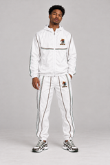 AI model visualization: White Spanish Fly complete jacket and pants set on model, dark brown and green lines; sneakers not included