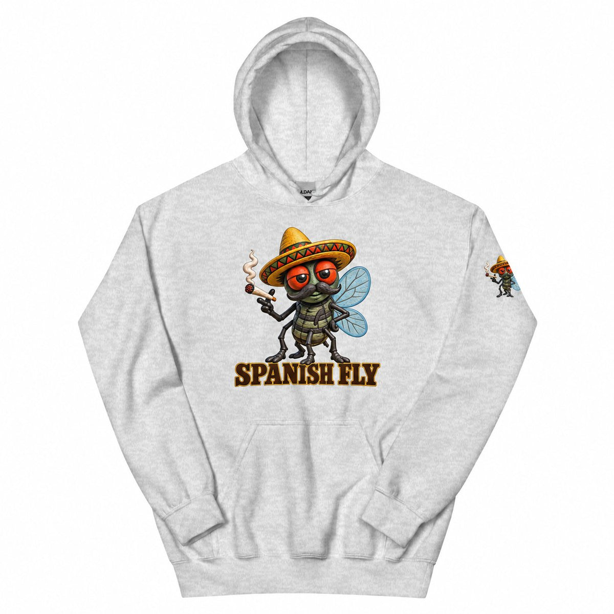 Spanish Fly hoodie Ash front with fly-only Pepito print on left upper sleeve; styled items sold separately
