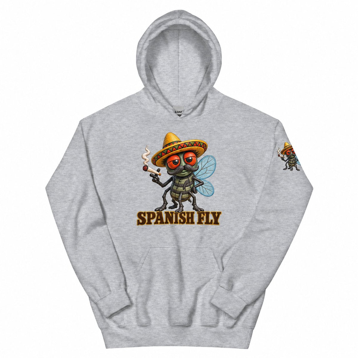 Spanish Fly hoodie Sport Grey front with fly-only Pepito print on left upper sleeve; styled items sold separately