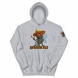Spanish Fly hoodie Sport Grey front with fly-only Pepito print on left upper sleeve; styled items sold separately