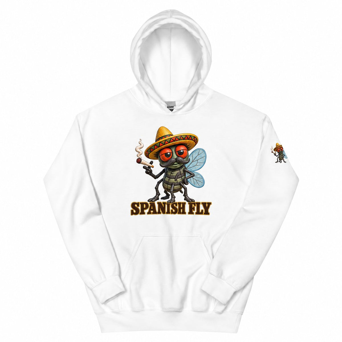 Spanish Fly hoodie White front with fly-only Pepito print on left upper sleeve; styled items sold separately