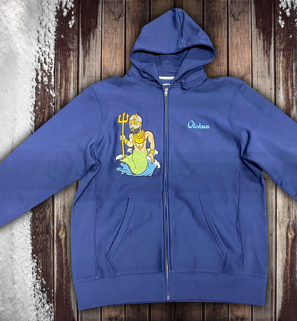 Orisha Especial Zippered Hoodie Navy Blue with Olokun Artwork